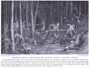 Kersantti Spence sai DCM:n, kun hän johti joukkueensa pistinrynnäkköä metsässä lähellä Wasmesia elokuussa 2014 (litografia).