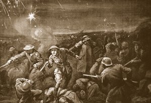 Väliaikainen kapteeni A.C.T. White johtaa vastahyökkäystä ja ajaa vihollisen pois linnakkeesta (litografia). tekijältä Margaret Dovaston