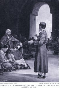 Vologeses III valvoo Pahlavi Avestan kokoamista 160AD (litografia) tekijältä Margaret Dovaston