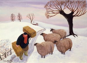Heinän kantaminen lampaille talvella tekijältä Margaret Loxton