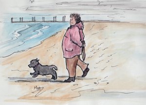 Koiran ulkoiluttaminen - 03 (kynä ja vesiväri) tekijältä Margaret Loxton