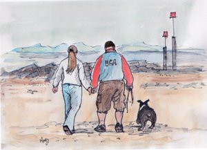Koiran ulkoiluttaminen - 04 (kynä ja vesiväri) tekijältä Margaret Loxton