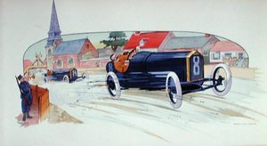 Peugeotin kilpa-auto Ranskan Grand Prix de France 1911 -kilpailussa. tekijältä Marguerite (fl.1909 14) Montaut