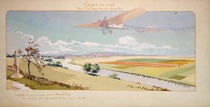 Comte Charles de Lambert Bleriot-monoplanessa lentää West Circuit -radalla, julkaisija Mabileau, Paris tekijältä Marguerite (fl.1909 14) Montaut
