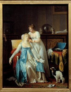 Huonoja uutisia Premier Empire -muotiin pukeutunut tyttö pyörtyy, kun hän lukee kirjeen, jossa kerrotaan onnettomuudesta. Marguerite Gerardin (1761-1837) maalaus 1804 su. 0,63x0,5 m