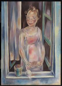 Nuori tyttö avoimen ikkunan ääressä, noin 1924 (pastelli paperille). tekijältä Maria Blanchard