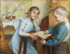 Sisustus, jossa poika lukee tytölle, 1912