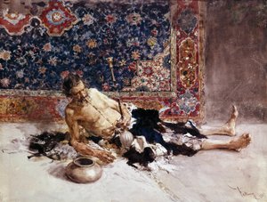 Oopiumin tupakoitsija. Oopiumin tupakoitsija. Mariano Fortuny y Marsalin (1838-1874) maalaus