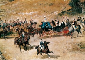 Kuningatar María Cristina ja hänen tyttärensä Isabel II, katsaus Madridia vuonna 1837 puolustaviin tykistöpattereihin, yksityiskohta, n. 1866 (öljy kankaalle)