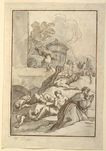 Piirros, Pyhimyksen tutkiminen ruttoaikana, n. 1790.
