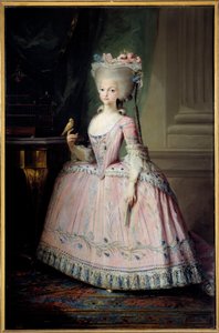 Carlota Joaquinan (1775-1830) muotokuva jalassa. Espanjan lapsi ja Portugalin kuningatar Mariano Maellan (1739-1819) maalaus (esp.) 1700-luvun su. 1,77 x 1,16 m Madrid, Pradon museo – Charlotte Joaquinan (1775-1830) prinsessan täyspitkä muotokuva tekijältä Mariano Salvador de Maella