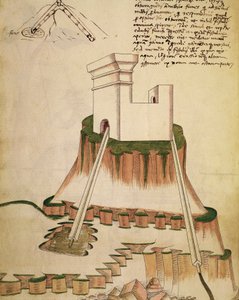 Tutkimus kaivon oikeasta asentamisesta ja linnoituksen salaojista, kuvitus Mariano di Jacopo Vannin teoksesta, joka tunnetaan nimellä Taccola (1400-luku), käsikirjoitus tekijältä Mariano di Jacopo (1382 c.1453) (after)