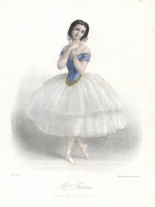 Italialainen balettitanssija Amalia Ferraris Ballet des Elfes -elokuvassa Pariisin oopperassa, c1860 (värilitho)