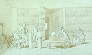 Antoine Lavoisier (1743-94) ja hänen hengityskokeensa (kynä ja muste ja seepia wash paperille). tekijältä Marie Anne Pierrette Lavoisier