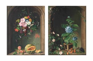 Nasturtiums, convolvulus, geraniums, petunias ja muut kukat kaaren alle ripustetussa kaaressa persikoiden ja melonin päällä; ja hortensiat, ruusut, muratti, viinirypäleet ja muut kaaren kukat (öljy kankaalle) tekijältä Marie Auersperg