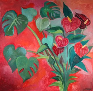 Trooppiset Monstera- ja Anthurium-kukat
