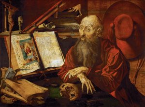 Saint Jerome dans sa cellule - Saint Jerome in his Cell, kirjoittanut Reymerswaele, Marinus Claesz, van (n. 1490-1567 jälkeen). Öljy puulle, n. 1545. Mitat : 80x108 cm. Taidehistoriallinen museo, Vienne