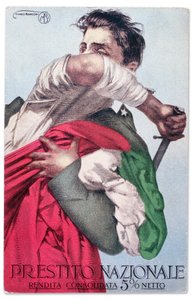 Italialainen sotilas puolustaa trikoloria vedetty miekka kädessään. Propagandapostikortti Kansallislainaa varten, n. 1915-18 (postikortti).