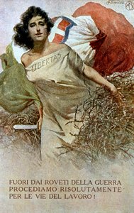 Piirros vertauskuvasta Italiasta, joka vapautettiin ensimmäisen maailmansodan ikeestä. (väri lito)