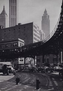 Manhattan: Coenties Slip, kohotettu rautatie (m/w kuva)