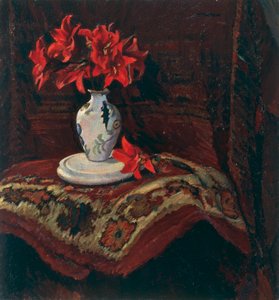 Matto ja maljakko punaisilla liljoilla, Mario Puccini (1869-1920), öljy kankaalle, 64x59 cm. tekijältä Mario Puccini