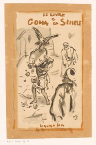 Mies tarjottimella petolintujen kimppuun Le livre Goha le Simple (otsikko esineessä) tekijältä Marius Bauer (signed by artist)