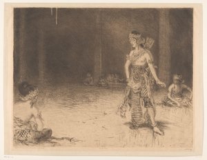 Wayang Wong (alkuperäinen nimi esineessä) Intiaanien kunnianosoitus H.M. kuningattaren hopeahääjuhlissa (alkuperäinen sarjan nimi esineessä) tekijältä Marius Bauer (signed by artist)