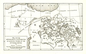 "Kartta, joka näyttää ottomaanien valtakunnan kurdiheimojen likimääräisen jakautumisen", 1915. tekijältä Mark Sykes