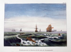 Lautta Coromandelin rannikolla Intiassa, 1828.