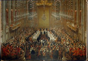 Juhlatilaisuus keisari Joseph II:n ja Isabellan Parman häiden yhteydessä 6.10.1760. Mozart seisoo orkesterissa tekijältä Martin (and studio) Mytens or Meytens