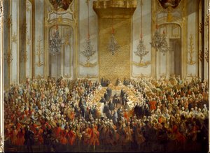 Parman prinsessa Isabellan ja keisari Joseph II:n häitä varten 6.10.1760 järjestetty virallinen juhla. Yksityiskohta (maalaus) tekijältä Martin (and studio) Mytens or Meytens