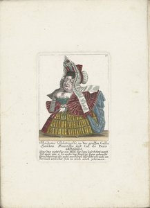 De Franse dwerg Madame Palatinelle, noin 1710 Madame Palatinelle, konepellit, mantilla ja umpikuja Pariisissa pukeutuneena suureen Gallaan (otsikko esineessä) Il Callotto resurcitato tai vastikään kalustettu pieni kaappi (sarjan nimi) tekijältä Martin Engelbrecht (attributed to)