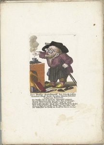 De werg Blasius Rauchmantl als alkemisti, n. 1710 Herr Blasius Rauchmantl, der frucht-loßen Alchimie kunst arkkilahkolainen, tyhmien viidennen olemuksen haltija (otsikko esineessä) Il Callotto resurcitato oder Neu eingrichtes Zwerchen Cabinet (sarja ti