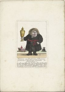 Kääpiö Gustavus Weinberger pappina kupin kanssa, n. 1710 Eximius et Ponderosus Dominus Gustavus Weinbergerin seurakunta Panzendorfissa jne. (otsikko esineessä) Il Callotto resurcitato oder Neu eigerichts Zwerchen Cabinet (sarjan nimi) tekijältä Martin Engelbrecht (attributed to)