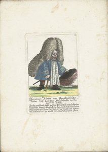 De dwerg Robert von Parukenfeldt, noin 1710 Monsieur Robert von Parukenfeldt, Pitkän kaulakankaan ritari Suuressa Gallassa (otsikko esineessä) Il Callotto resurcitato tai vastikään kalustettu pieni kaappi (sarjan nimi) tekijältä Martin Engelbrecht (attributed to)