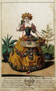 Entinen metier: Puutarha lattialle. Martin Engelbrechtin (1684-1756) kaiverrus, teoksessa "New assembly of the manouvries habilles" 18. vuosisata, Saksa. Pariisi, koristeellinen taide tekijältä Martin Engelbrecht