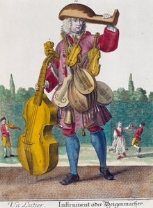 Luutunsoittaja, kaiverrus Martin Engelbrechtin (1684-1756) Assemblage des nouveau manouvries habilles -julkaisusta tekijältä Martin Engelbrecht