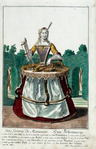 Metier: Puusepän vaimo. Kaiverrus Martin Engelbrecht (1684-1756), "" Uusi kokoonpano of the manouvries habilles"" 17th century, Saksa. Pariisi, koristetaide tekijältä Martin Engelbrecht