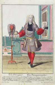 The Wigmaker, julkaistu Augsburgissa, noin 1735 tekijältä Martin Engelbrecht