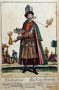Kahvinkeitin: mies, jolla on kahvinkeitin ja palvelu. Kaiverrus Martin Engelbrecht (1684-1756) 1700-luvun Pariisi, koristetaide