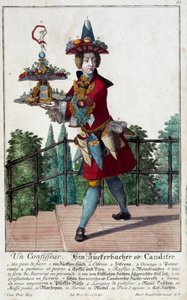 Konditori: nuori mies, jolla on tarjotin karkkia ja makeisia. Kaiverrus Martin Engelbrecht (1684-1756) 1700-luku. Pariisi, koristetaide
