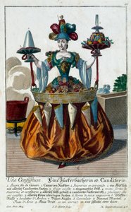Konditori: nuori nainen, jolla on karkkia ja makeisia sisältävä tarjotin. Kaiverrus Martin Engelbrecht (1684-1756) 1700-luku. Pariisi, koristetaide