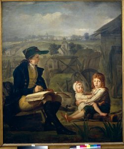 Werther dessine des enfants, illustration du roman ""Nuoren Wertherin surut"" (Les Souffrances du jeune Werther) de Johann Wolfgang von Goethe (1749-1832) - Werther piirtää lapsia - Öljy kankaalle Martin Ferdinand Quadal (1736-18088) )