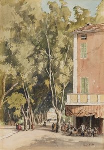 "An Avenue of platan trees, Vaison", Vaucluse, lokakuu 1933 (muste ja akvarelli paperille) tekijältä Martin Hardie