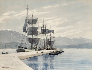 Purjelaivoja laiturilla (akvarelli paperille) tekijältä Martin Hardie