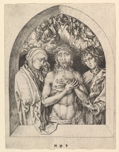 Kristus surujen miehenä Neitsyen ja Pyhän Johanneksen kanssa, n. 1435-1491. tekijältä Martin Schongauer