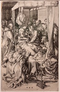 Kaiverrus paperille. Neitsyen kuolema. Martin Schongauer. Noin 1470-1491. (kaiverrus paperille) tekijältä Martin Schongauer
