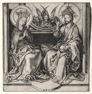 Isä Jumala ja Siunattu Neitsyt valtaistuimella Enkelit osallistuvat, n. 1480-90. tekijältä Martin Schongauer