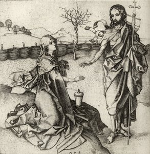 Vapahtajamme ilmestyy Maria Magdalenalle puutarhassa, Richard Fisherin teoksesta "Kaiverrus-, etsaus- ja puupiirroskokoelman luettelo", julkaistu 1879 tekijältä Martin Schongauer