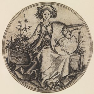 Istuva nainen pitelee kilpiä yksisarvisen kanssa, n. 1435-1491, n. 1435-1491. tekijältä Martin Schongauer
